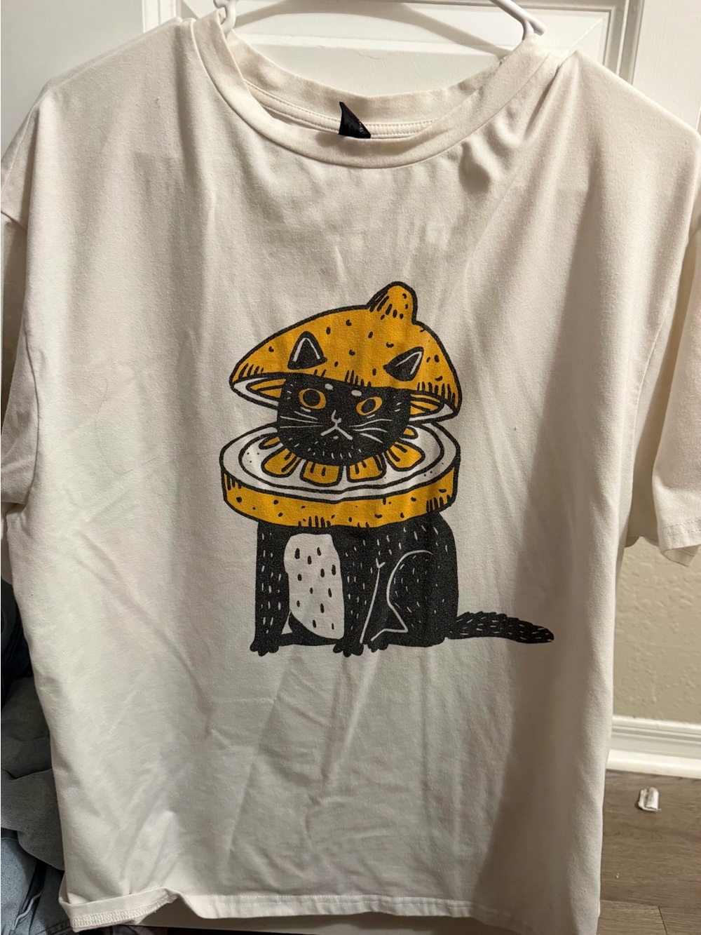 SHEIN Cream T-Shirt with Black Cat and Yellow Mushroom Graphic